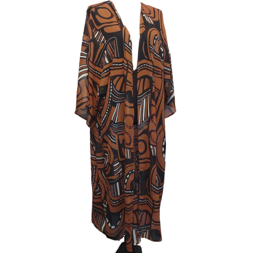 Serengeti Long Open Duster Jacket With Bead Accents Tribal Design XL - Picture 1 of 5